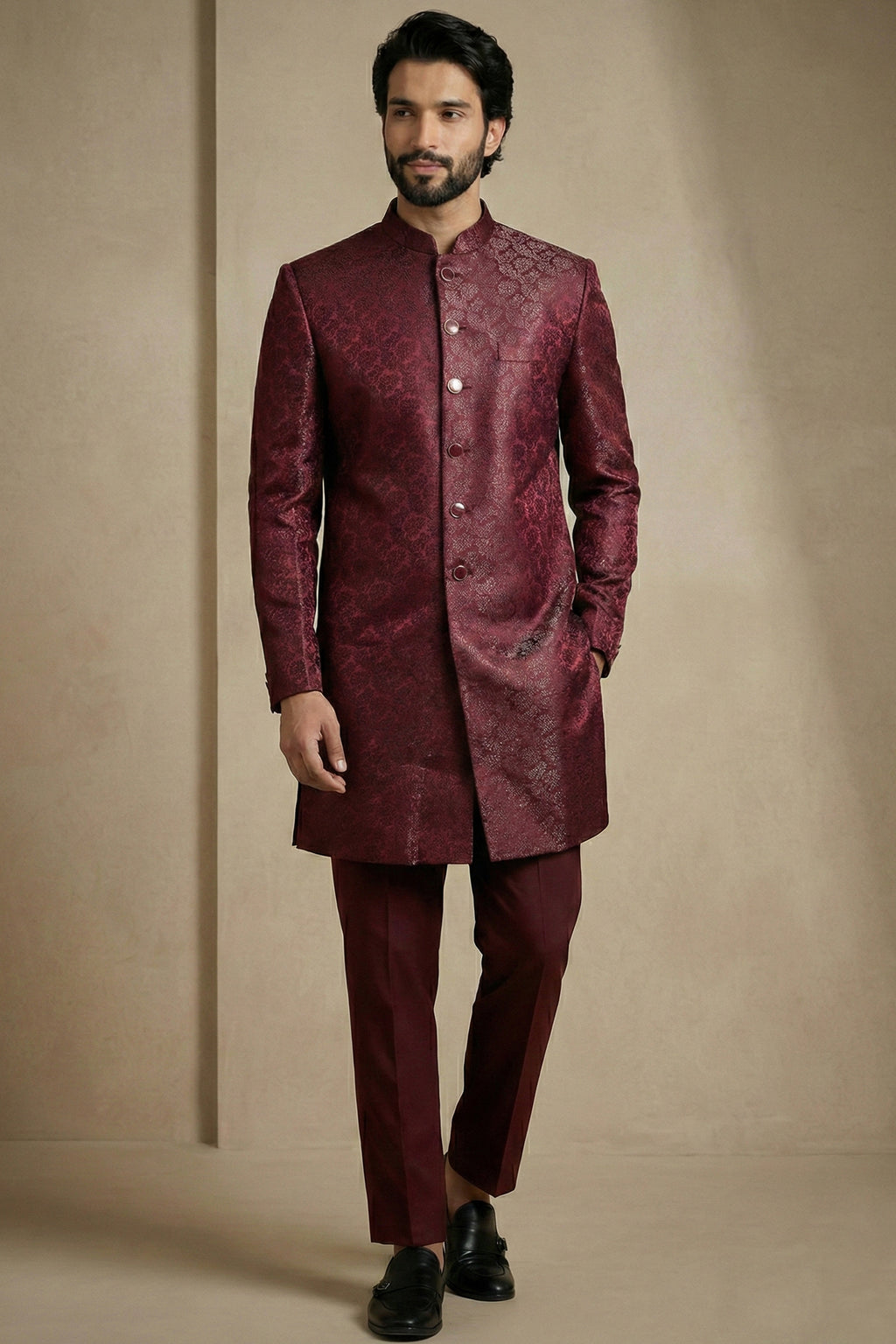Dark Maroon Jacquard Indo Western Set
