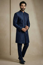 Navy Blue Jacquard Indo Western Set