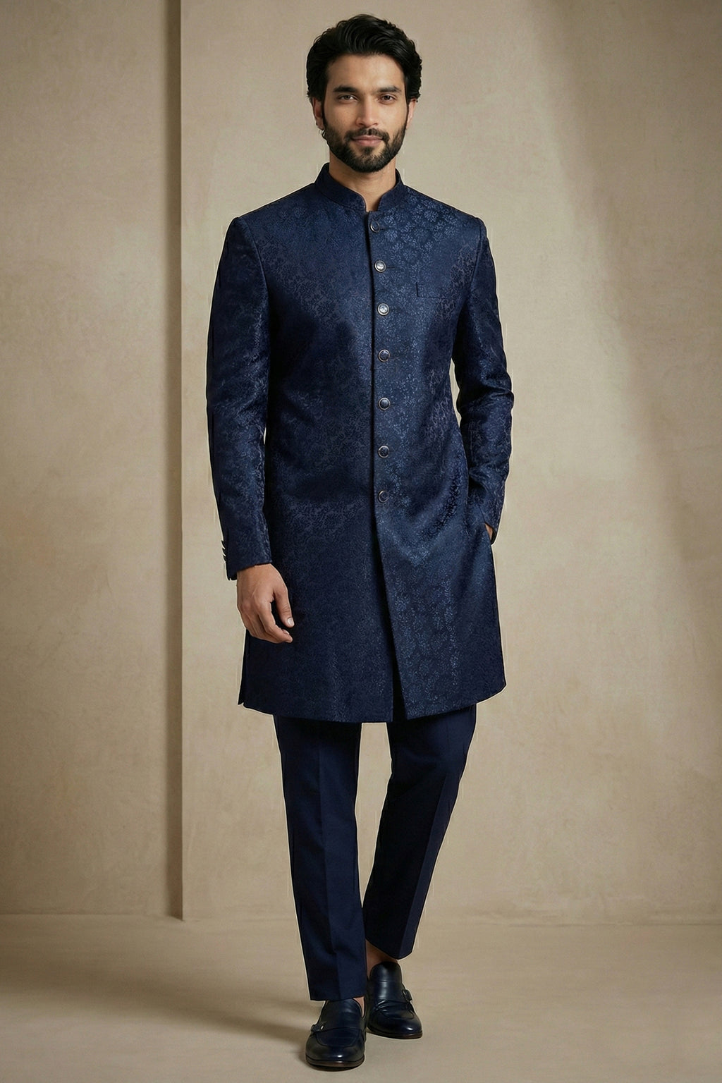 Navy Blue Jacquard Indo Western Set