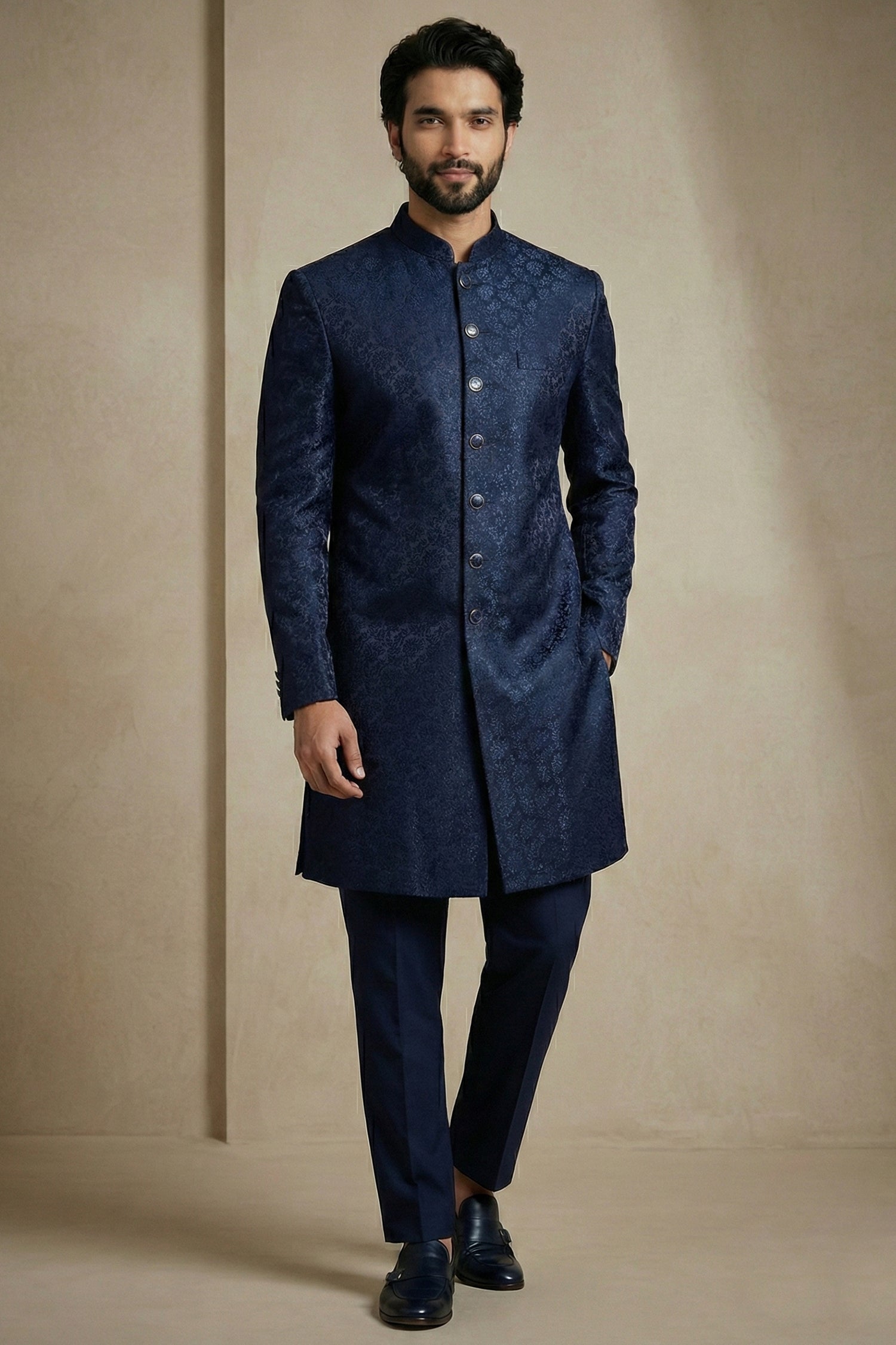 Navy Blue Jacquard Indo Western Set