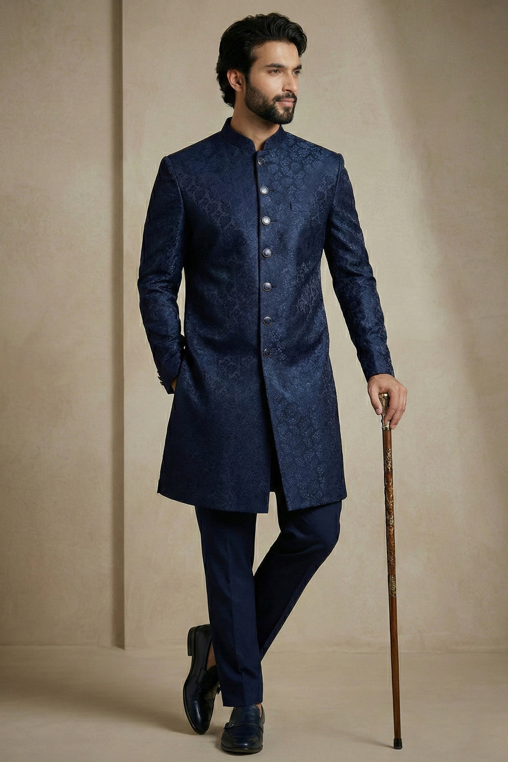 Navy Blue Jacquard Indo Western Set