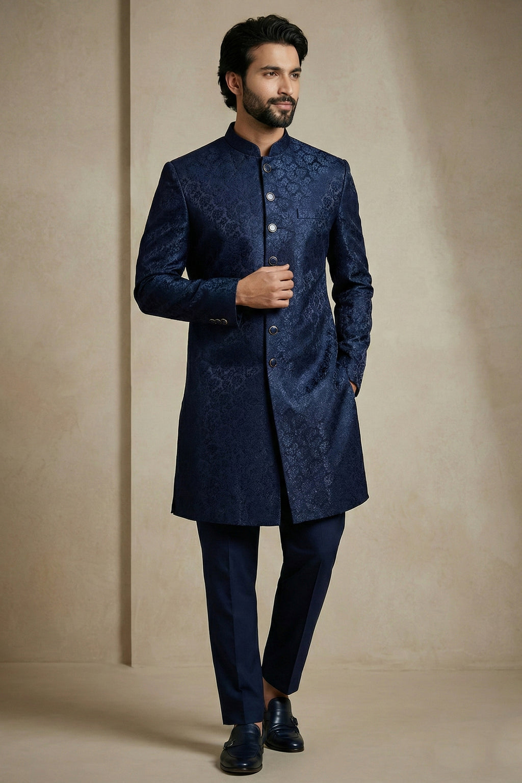 Navy Blue Jacquard Indo Western Set
