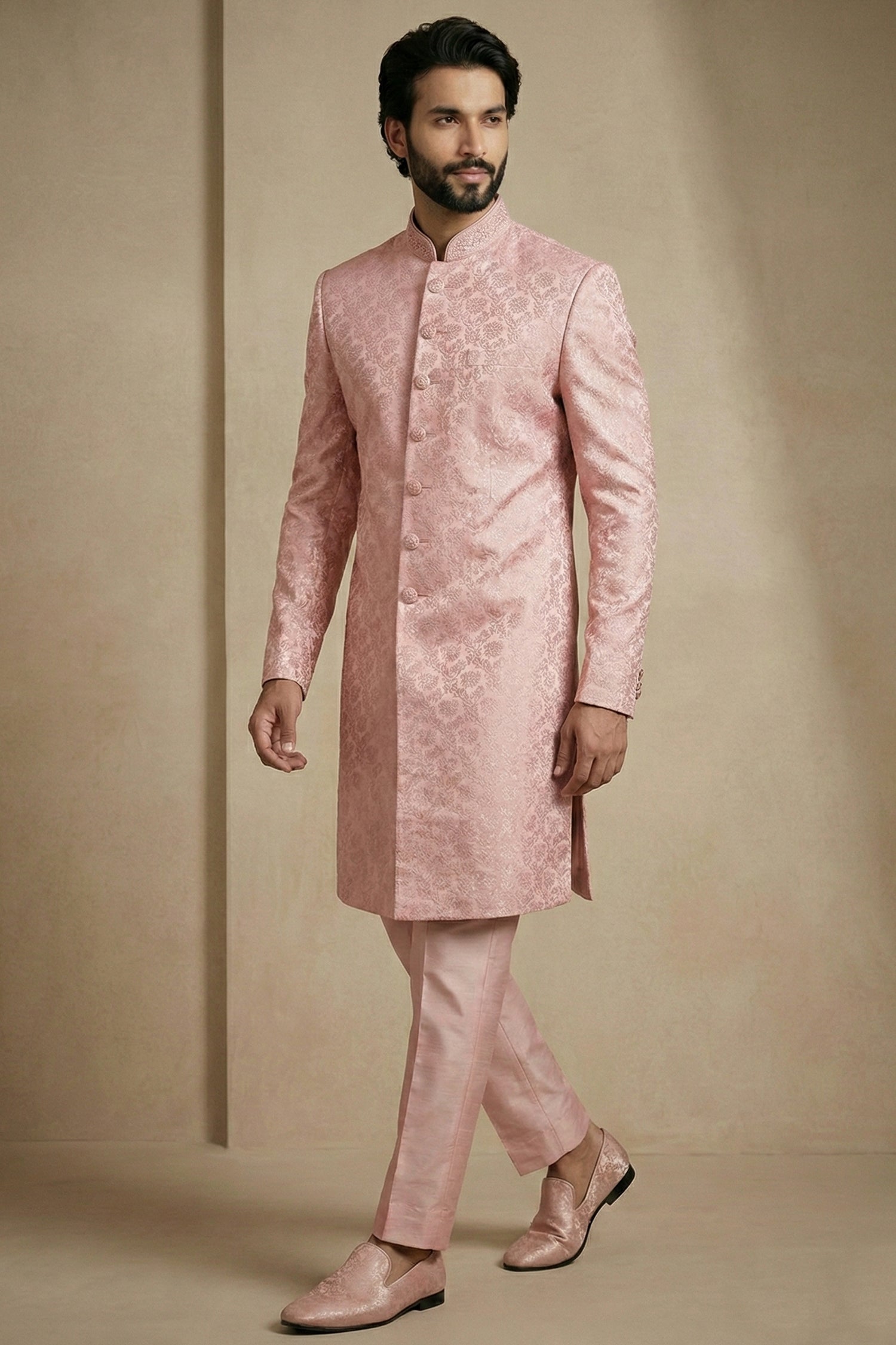 Light Pink Jacquard Indo Western Set Secondary image