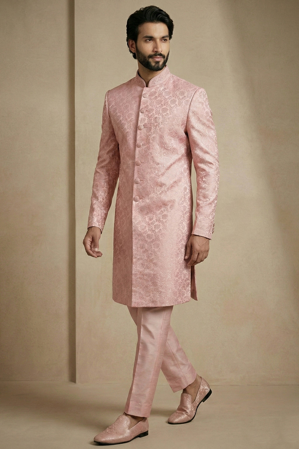 Light Pink Jacquard Indo Western Set