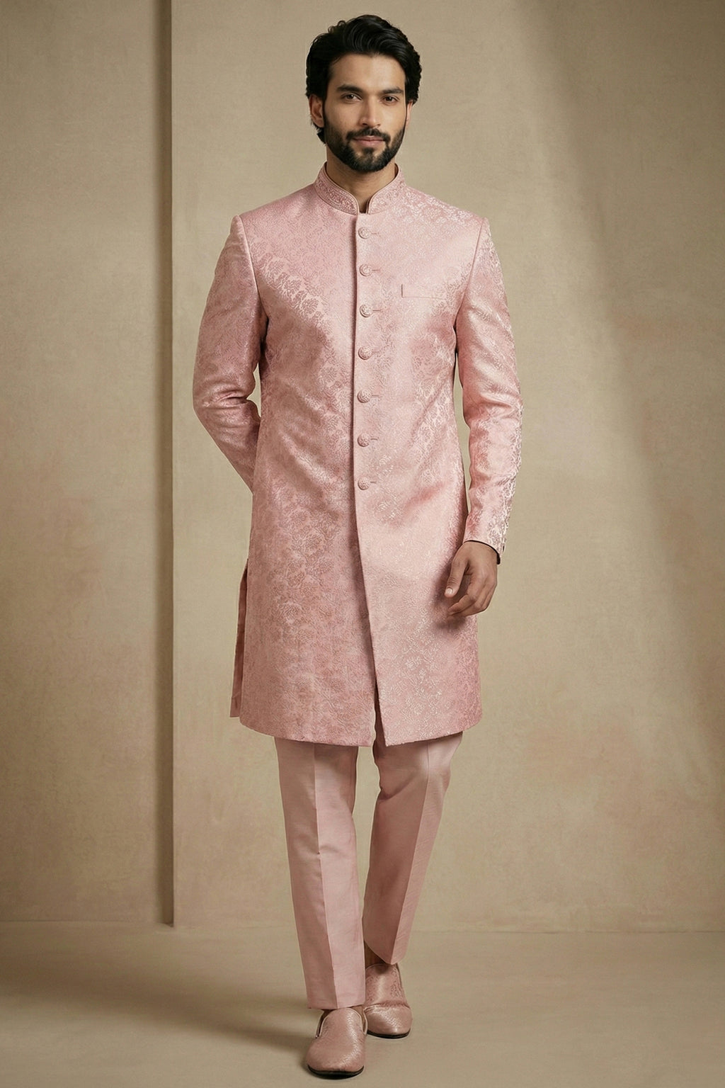 Light Pink Jacquard Indo Western Set