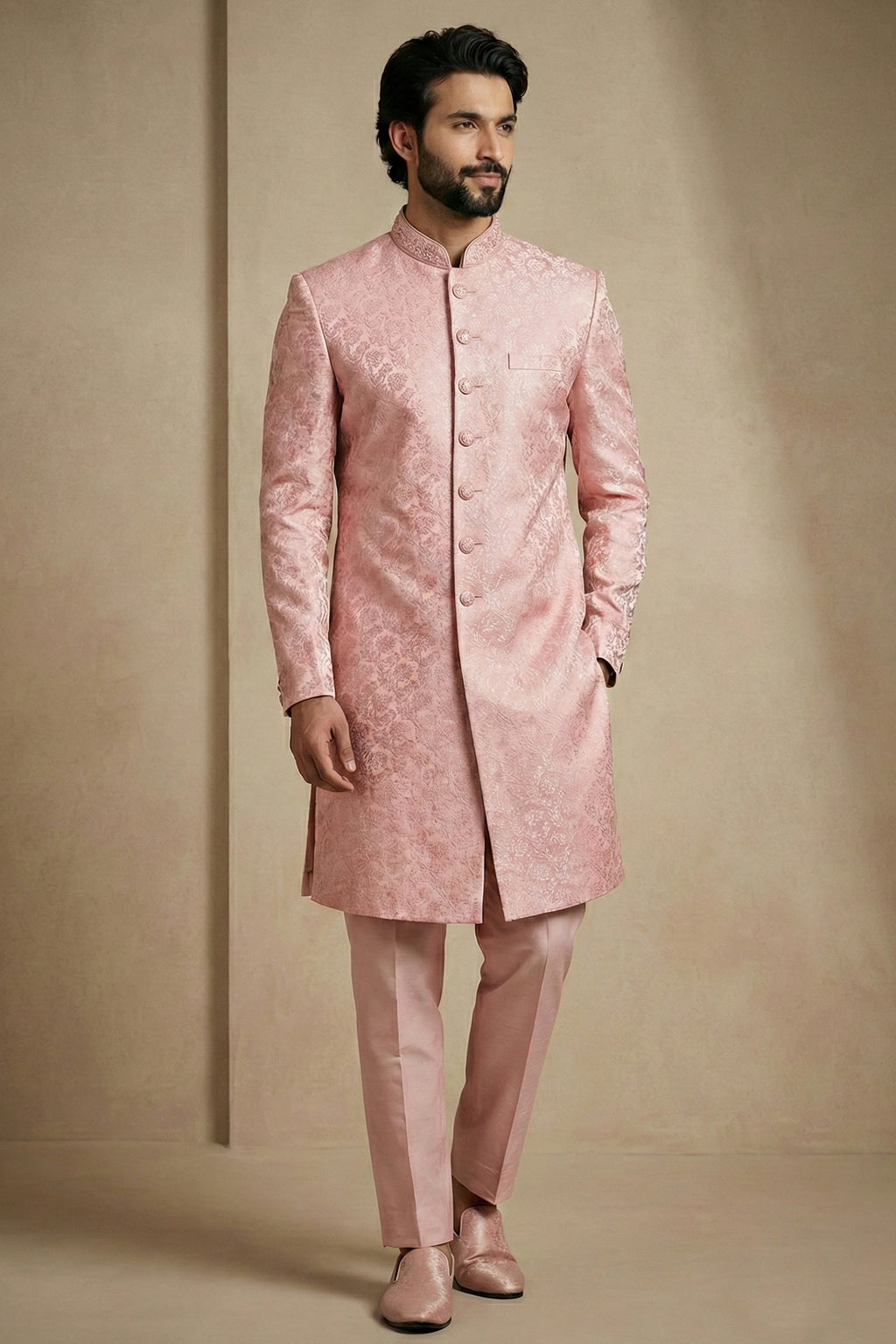Light Pink Jacquard Indo Western Set