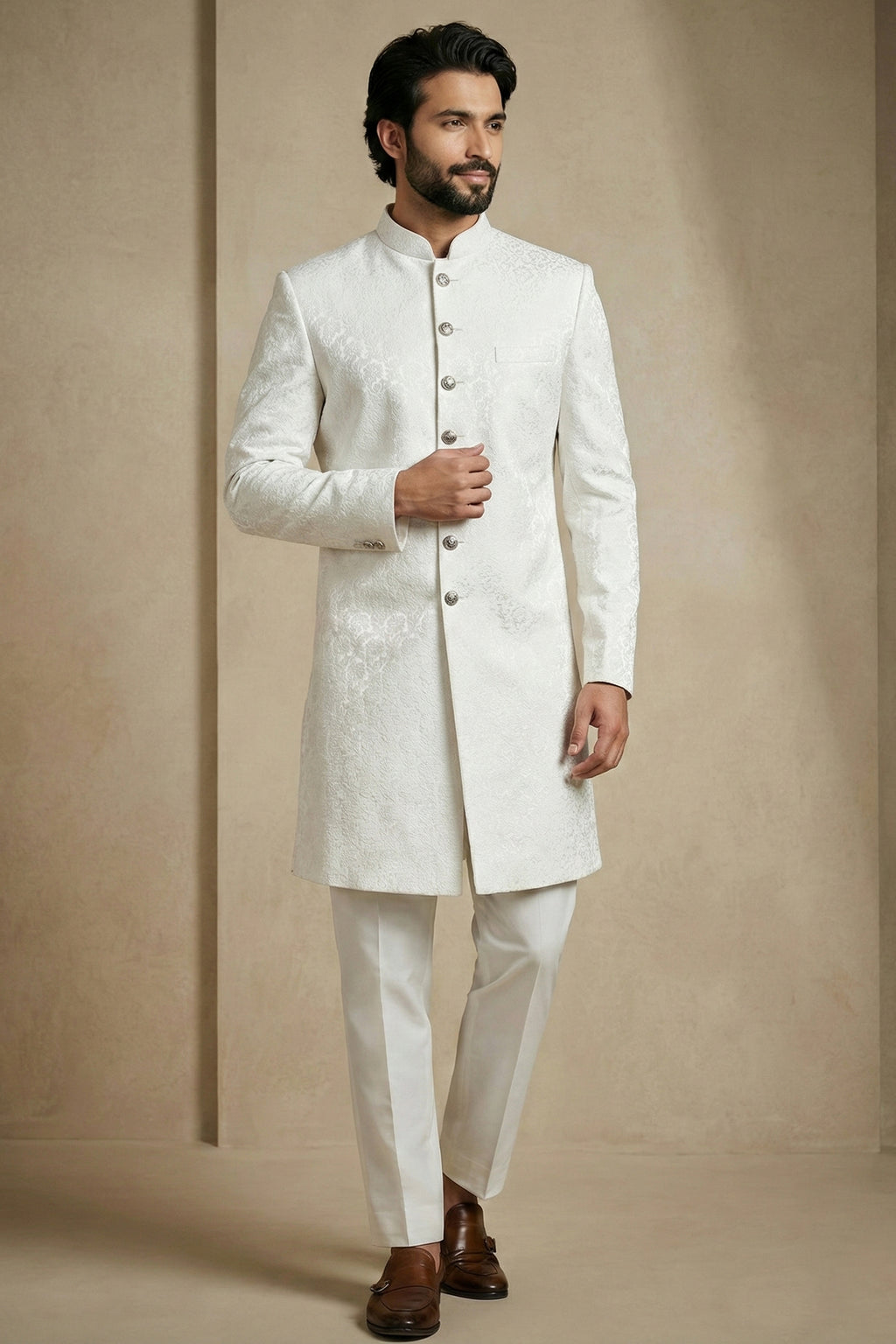 White Jacquard Indo Western Set