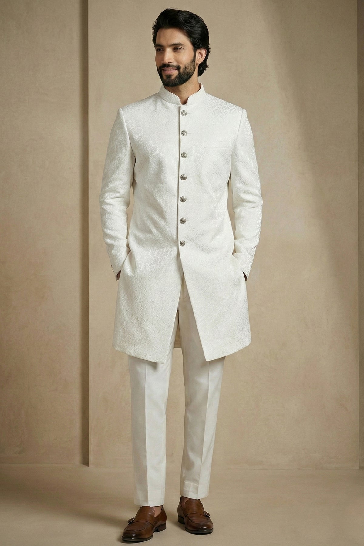 White Jacquard Indo Western Set