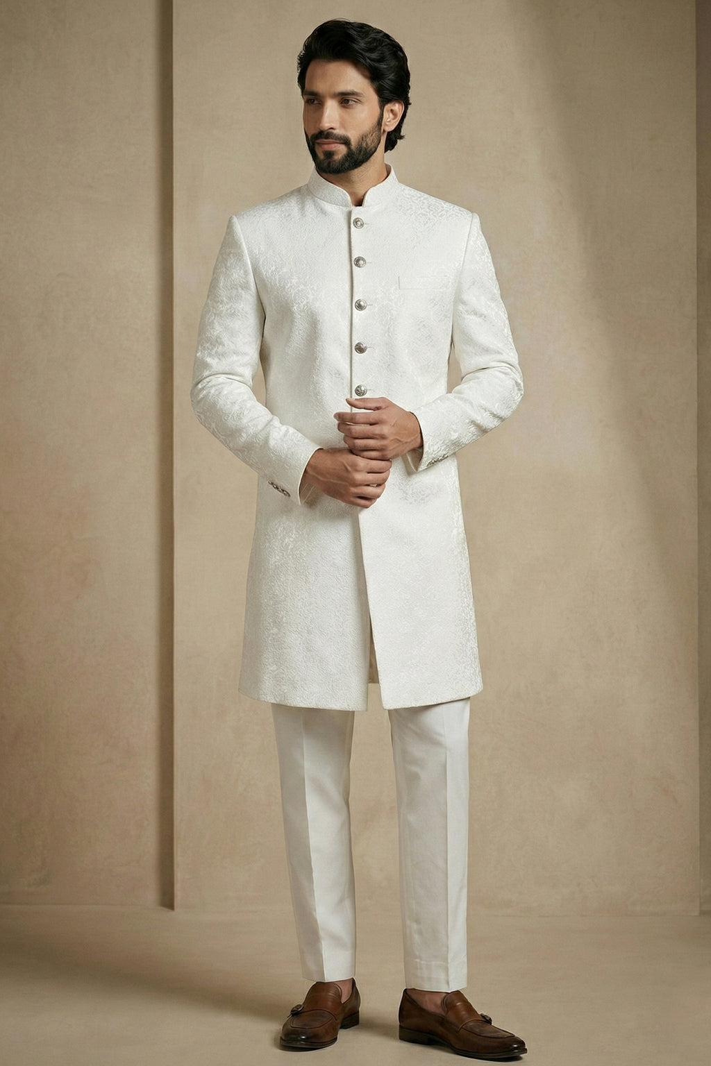 White Jacquard Indo Western Set