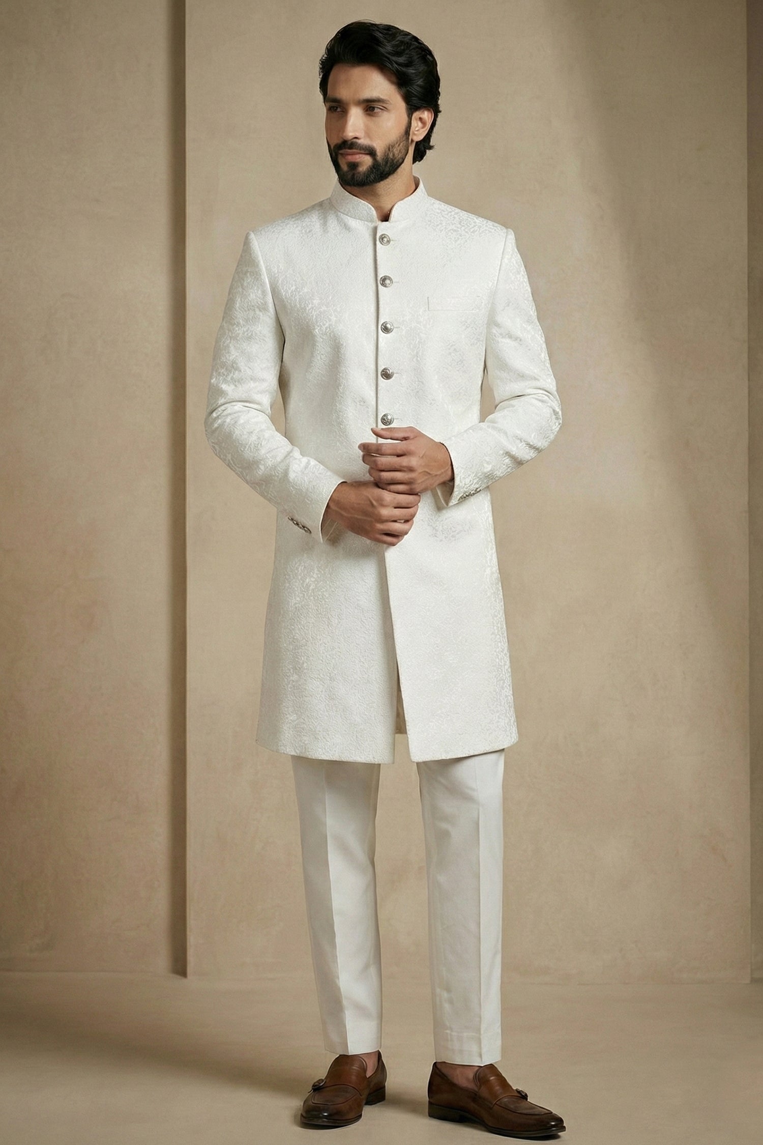 White Jacquard Indo Western Set