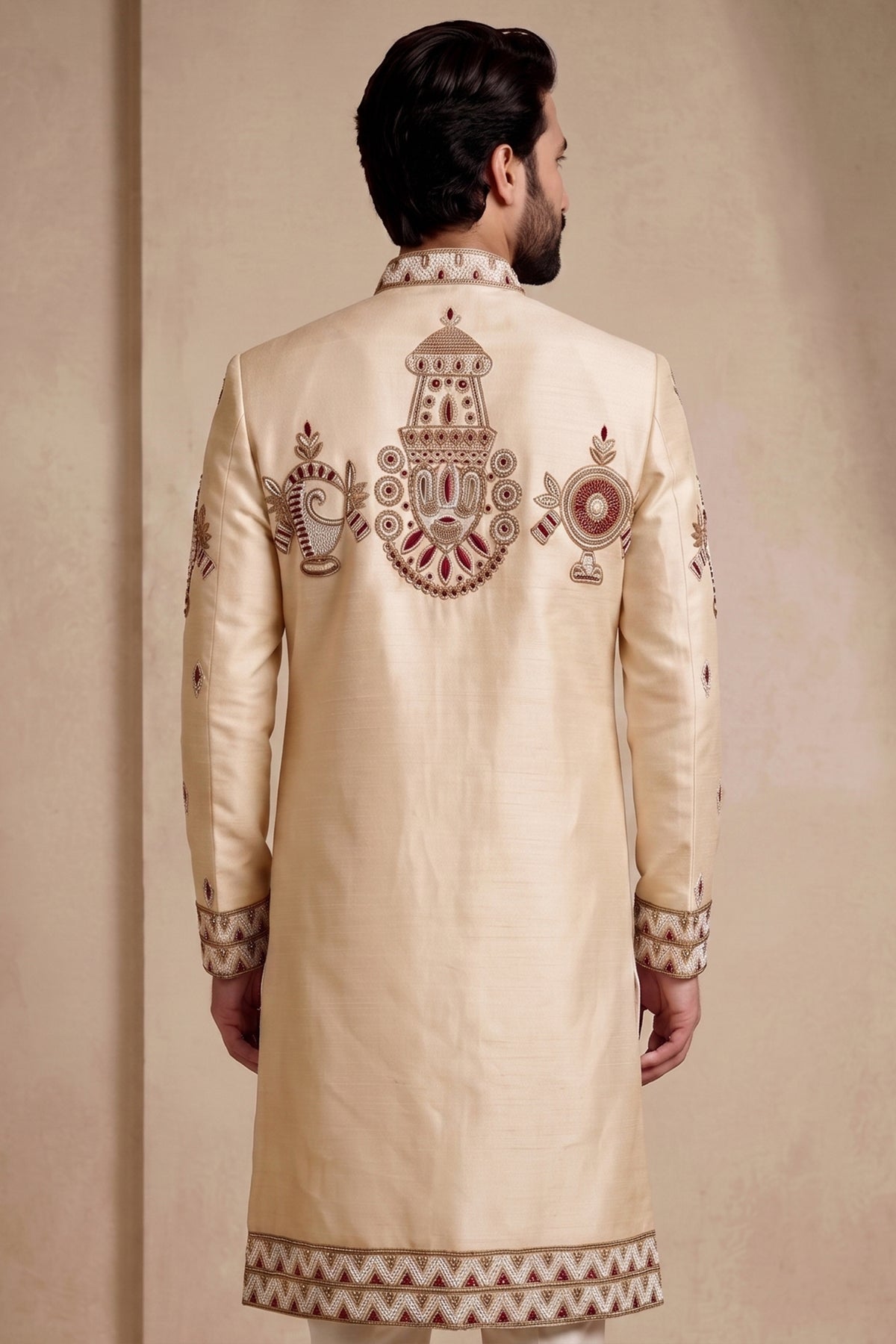 Beige Satin Beads Work Sherwani
