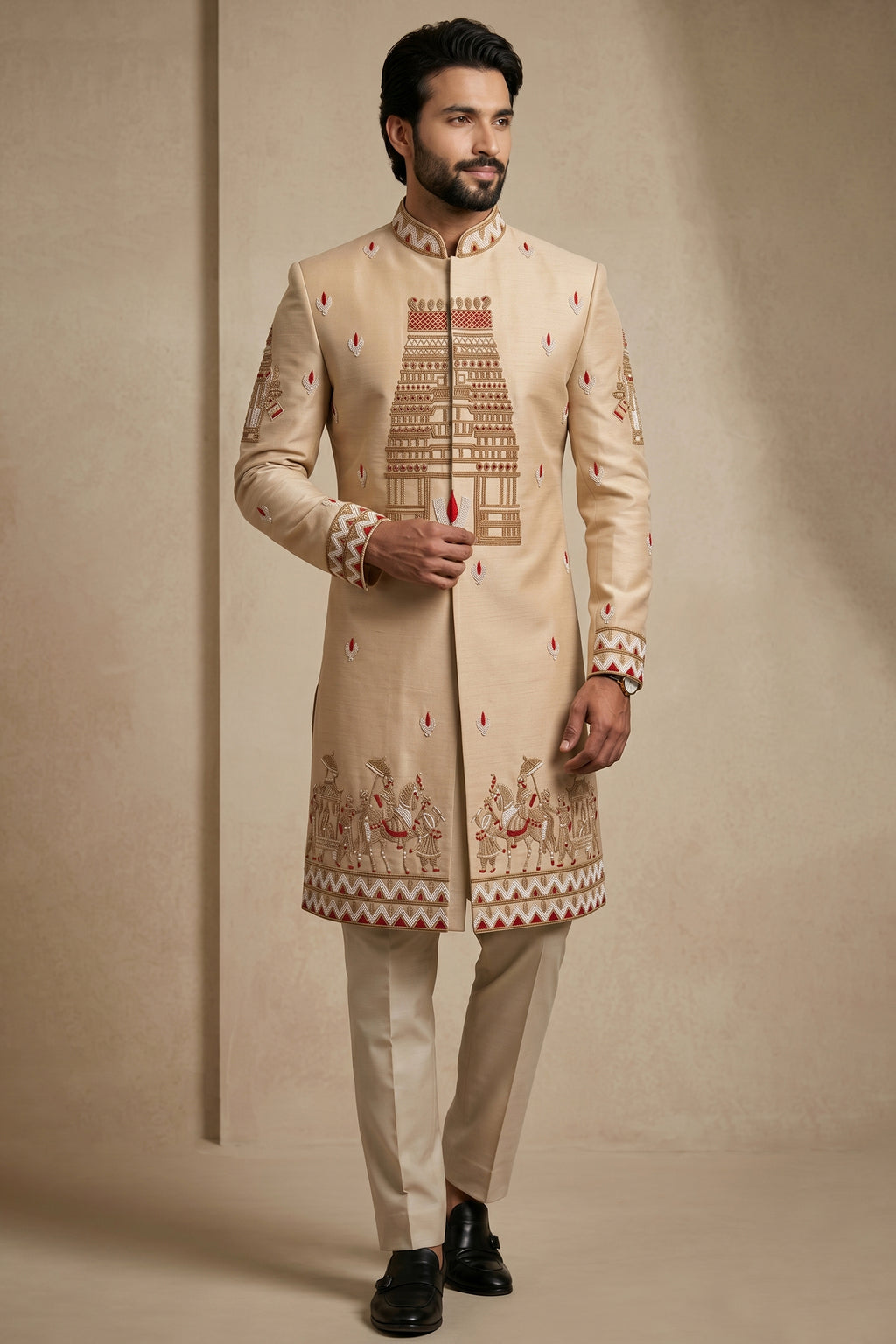 Beige Satin Beads Work Sherwani
