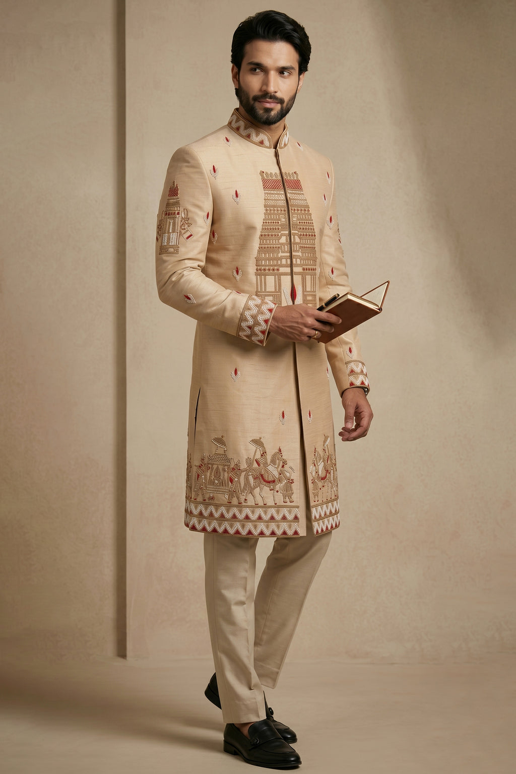Beige Satin Beads Work Sherwani