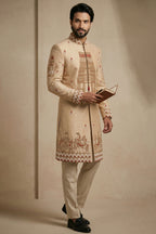 Beige Satin Beads Work Sherwani