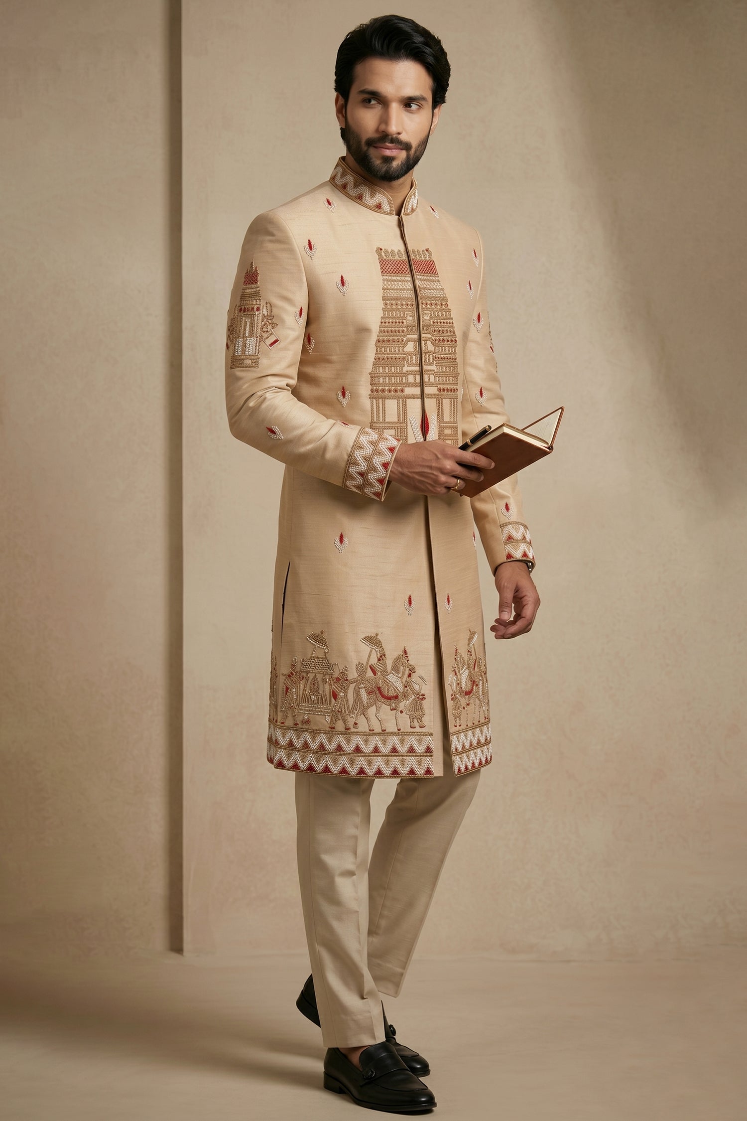 Beige Satin Beads Work Sherwani