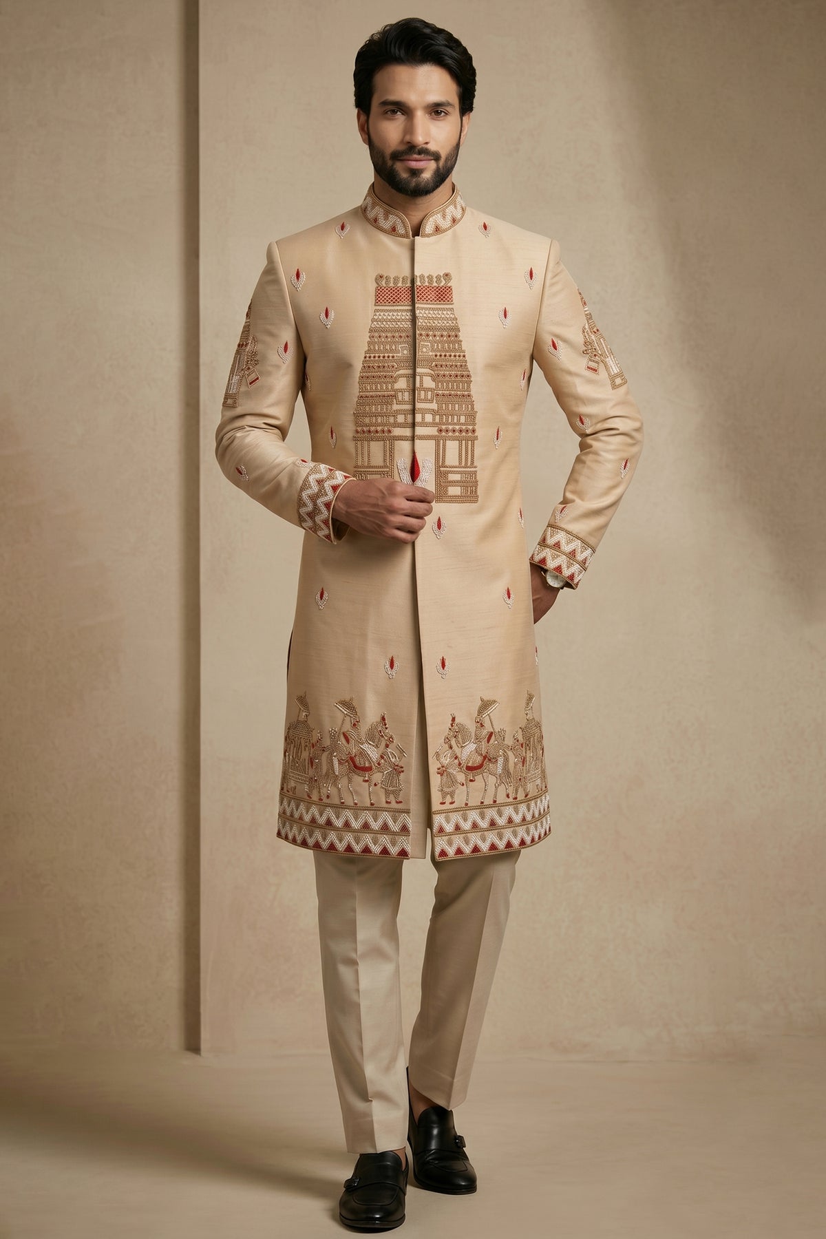 Beige Satin Beads Work Sherwani