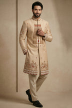 Beige Satin Beads Work Sherwani