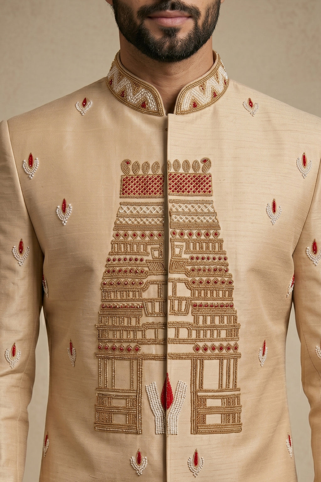 Beige Satin Beads Work Sherwani