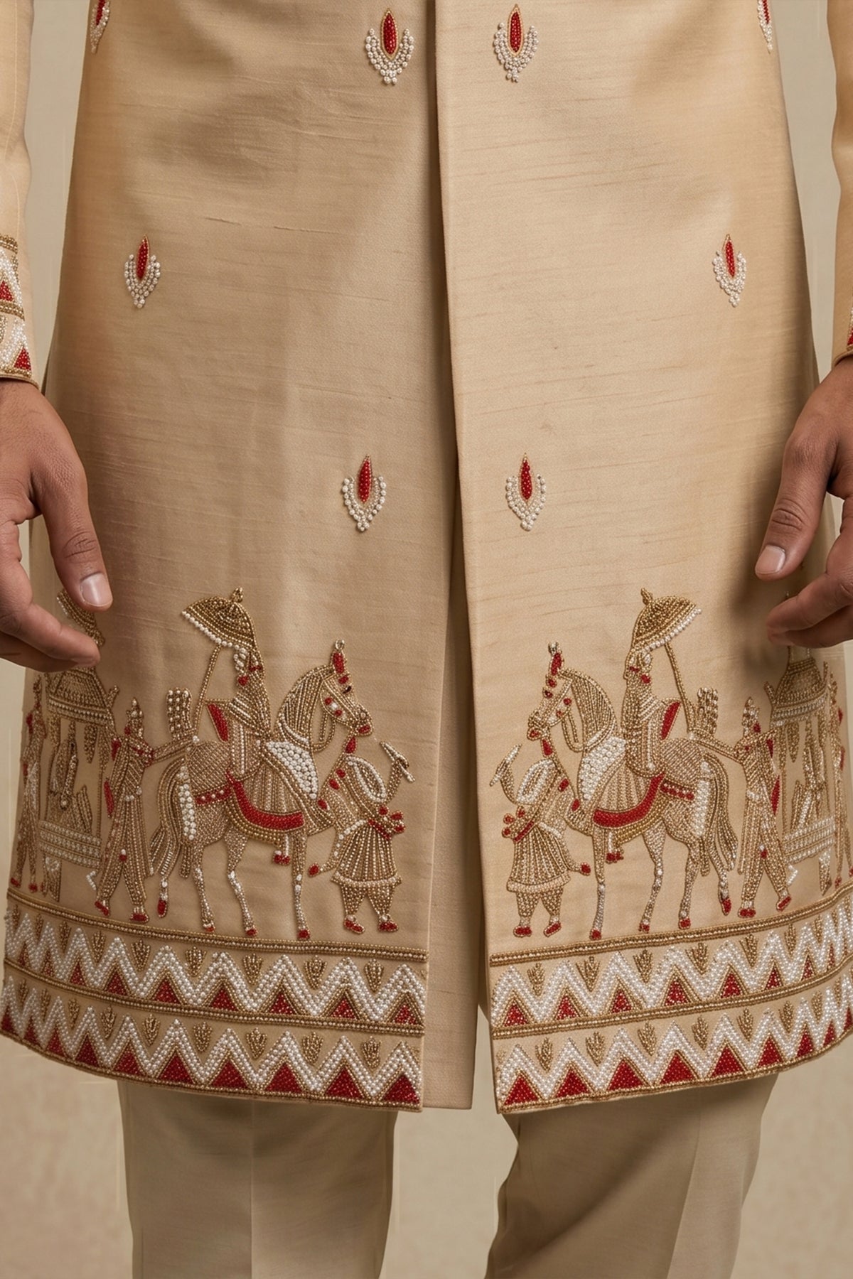 Beige Satin Beads Work Sherwani