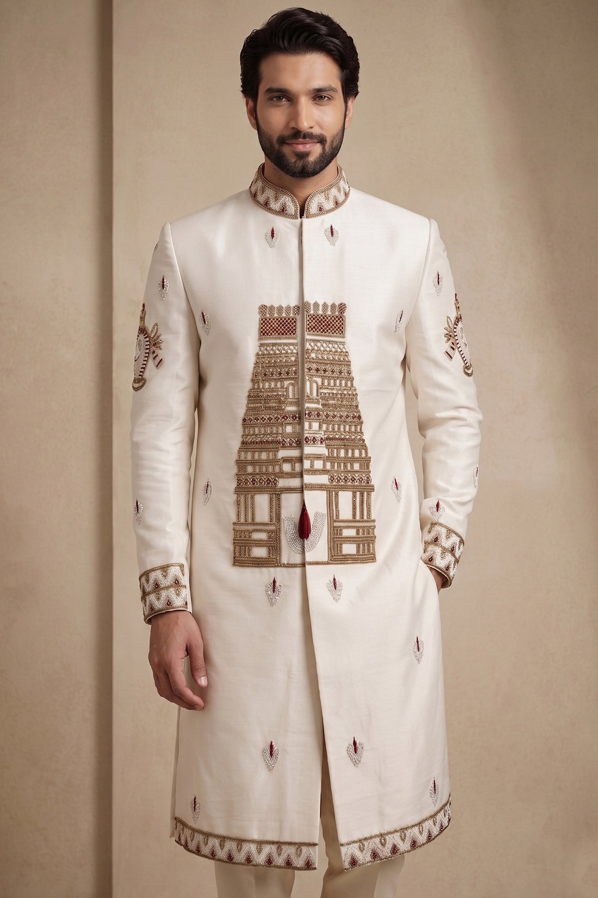 Pearl White Satin Beaded Work Sherwani Set