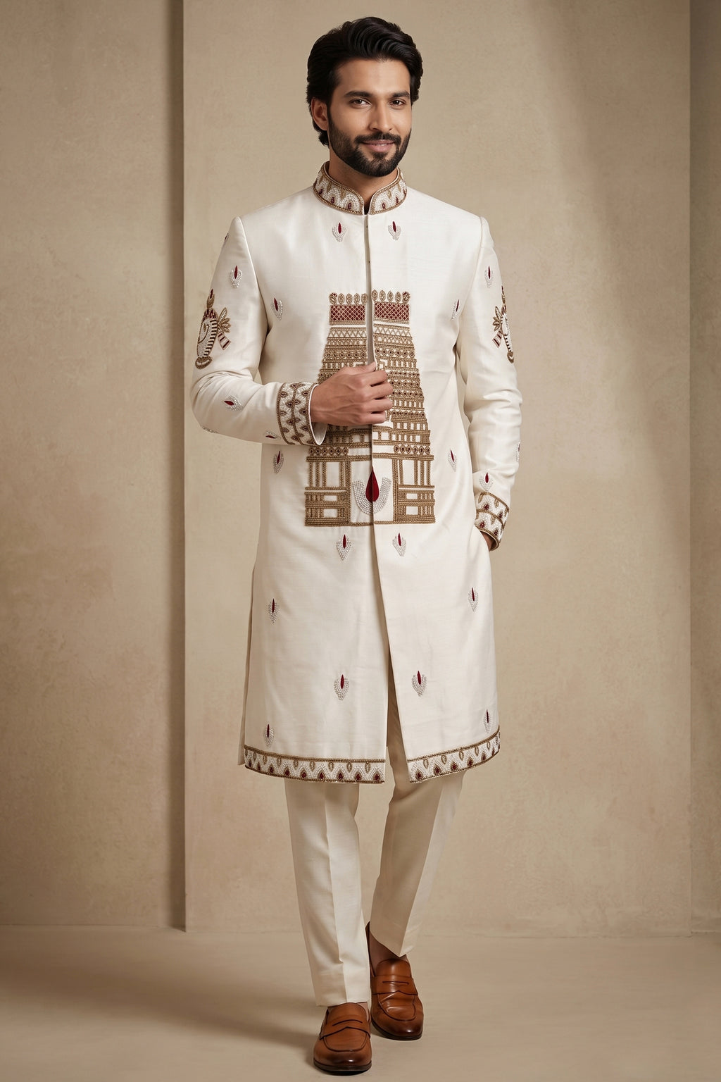 Pearl White Satin Beaded Work Sherwani Set