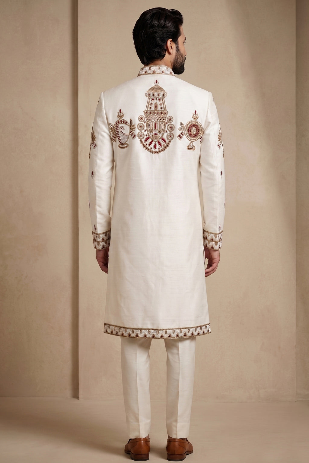 Pearl White Satin Beaded Work Sherwani Set