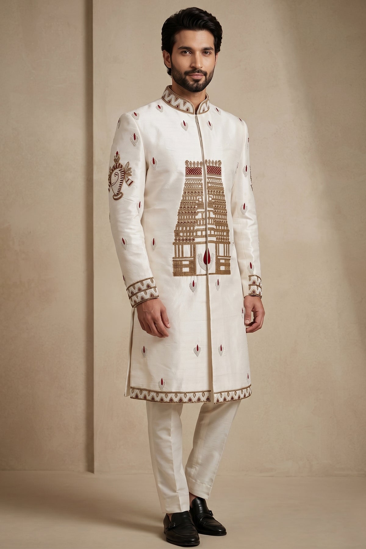 Pearl White Satin Beaded Work Sherwani Set