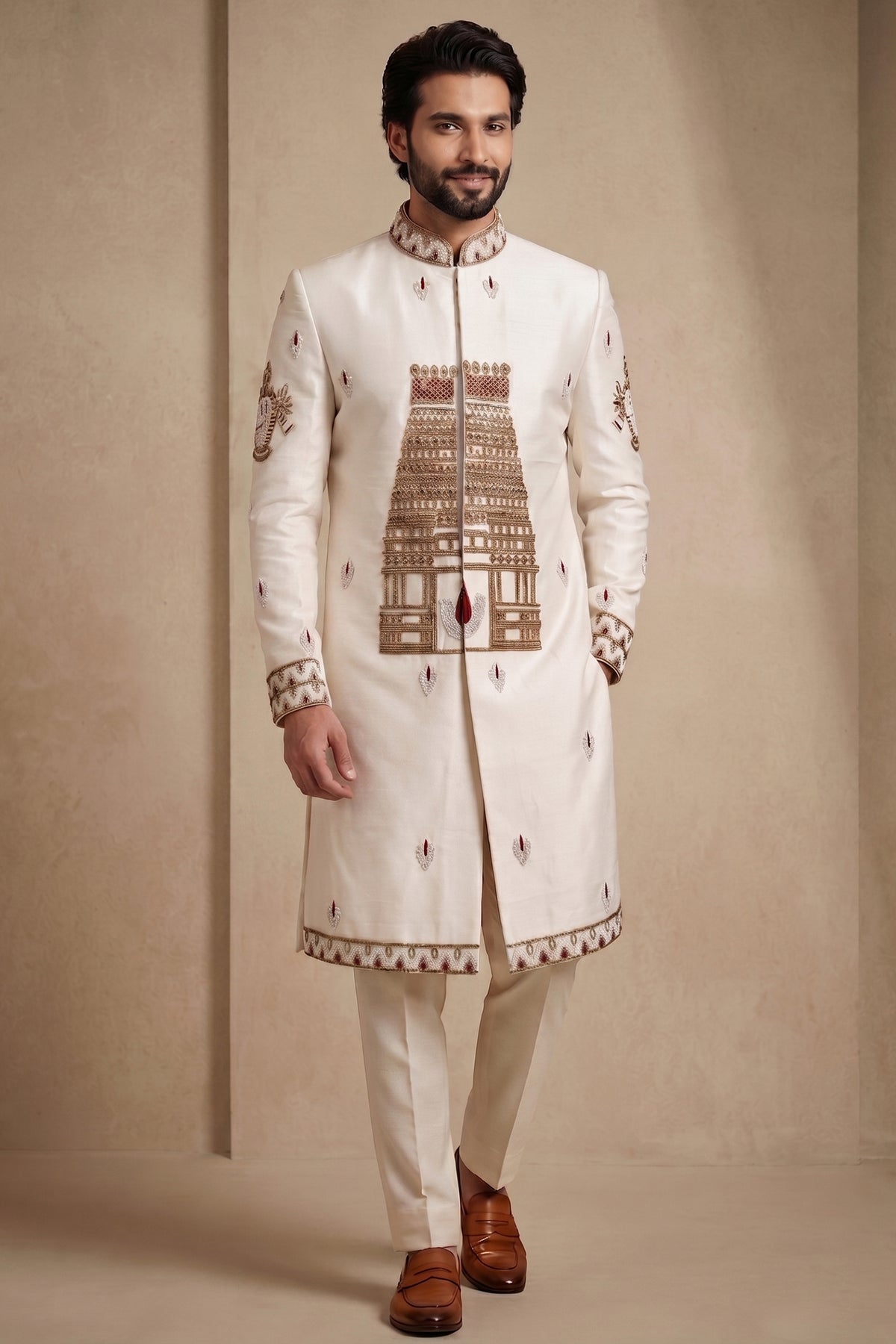 Pearl White Satin Beaded Work Sherwani Set