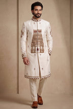 Pearl White Satin Beaded Work Sherwani Set