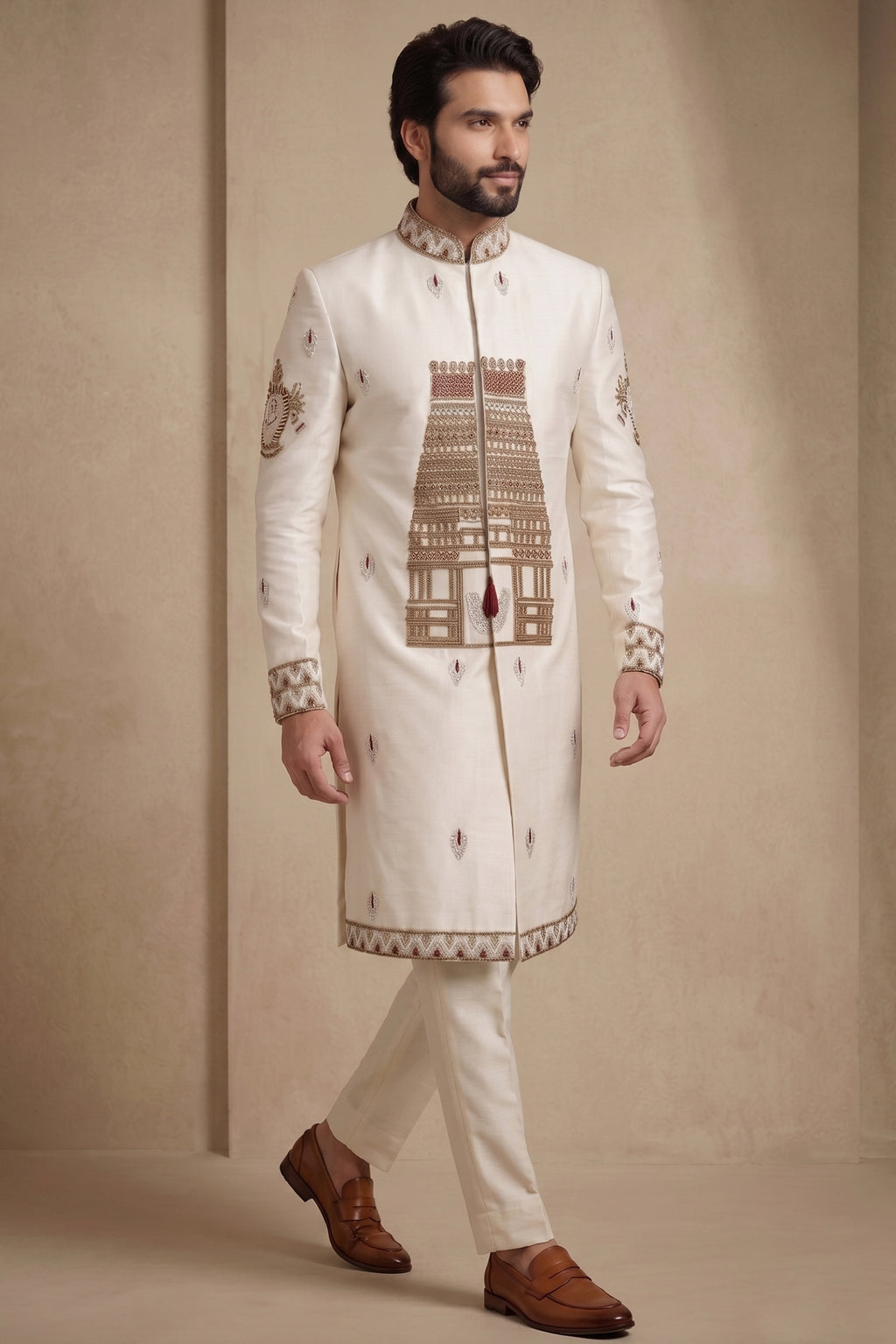 Pearl White Satin Beaded Work Sherwani Set