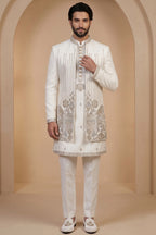 Pearl White Satin Zardosi and Bead Work Kurta Jacket Set