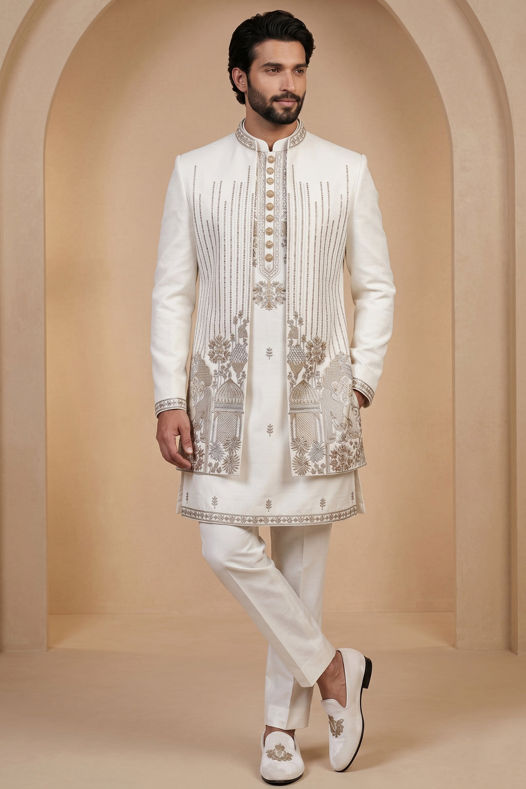 Pearl White Satin Zardosi and Bead Work Kurta Jacket Set