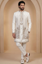 Pearl White Satin Zardosi and Bead Work Kurta Jacket Set