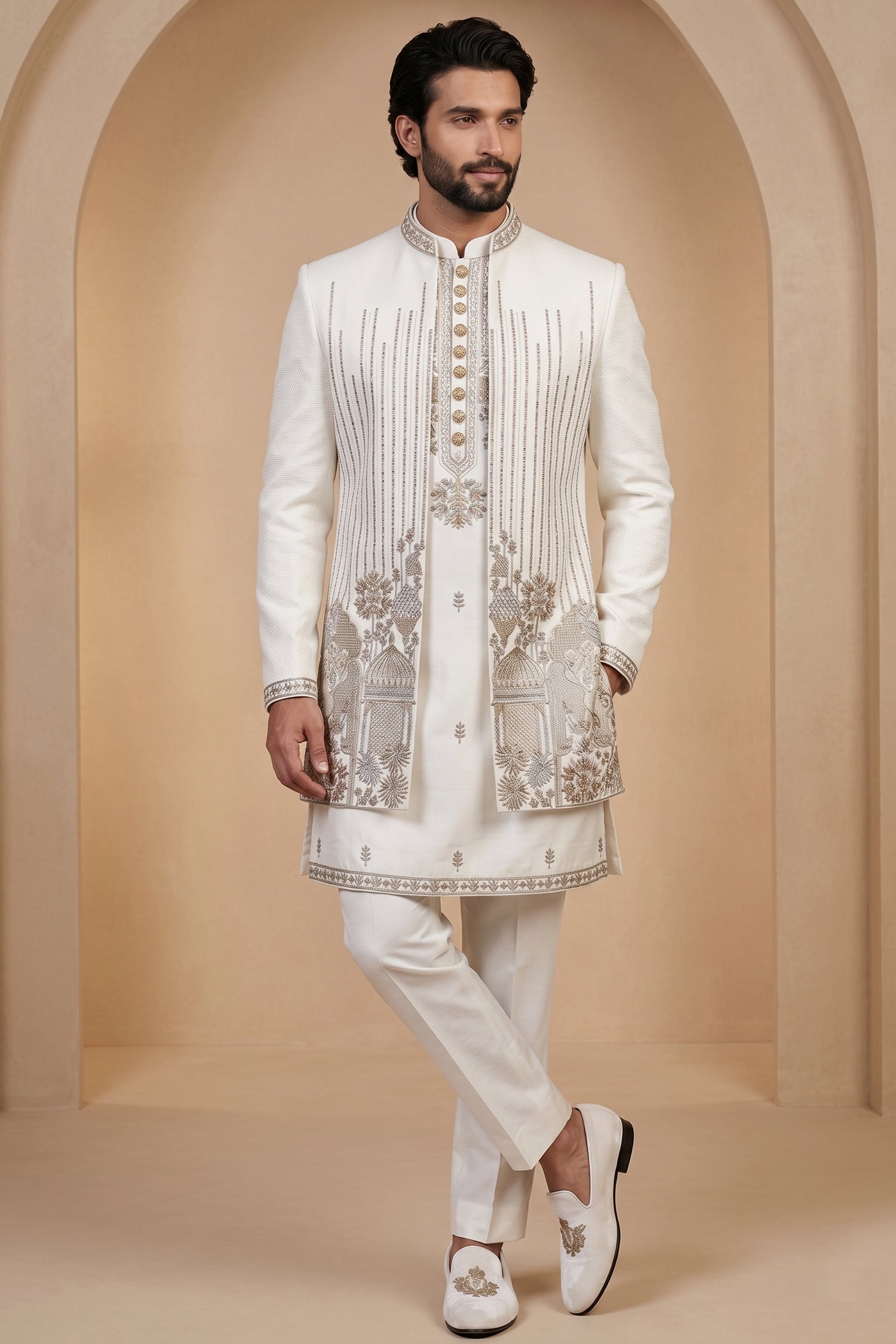 Pearl White Satin Zardosi and Bead Work Kurta Jacket Set