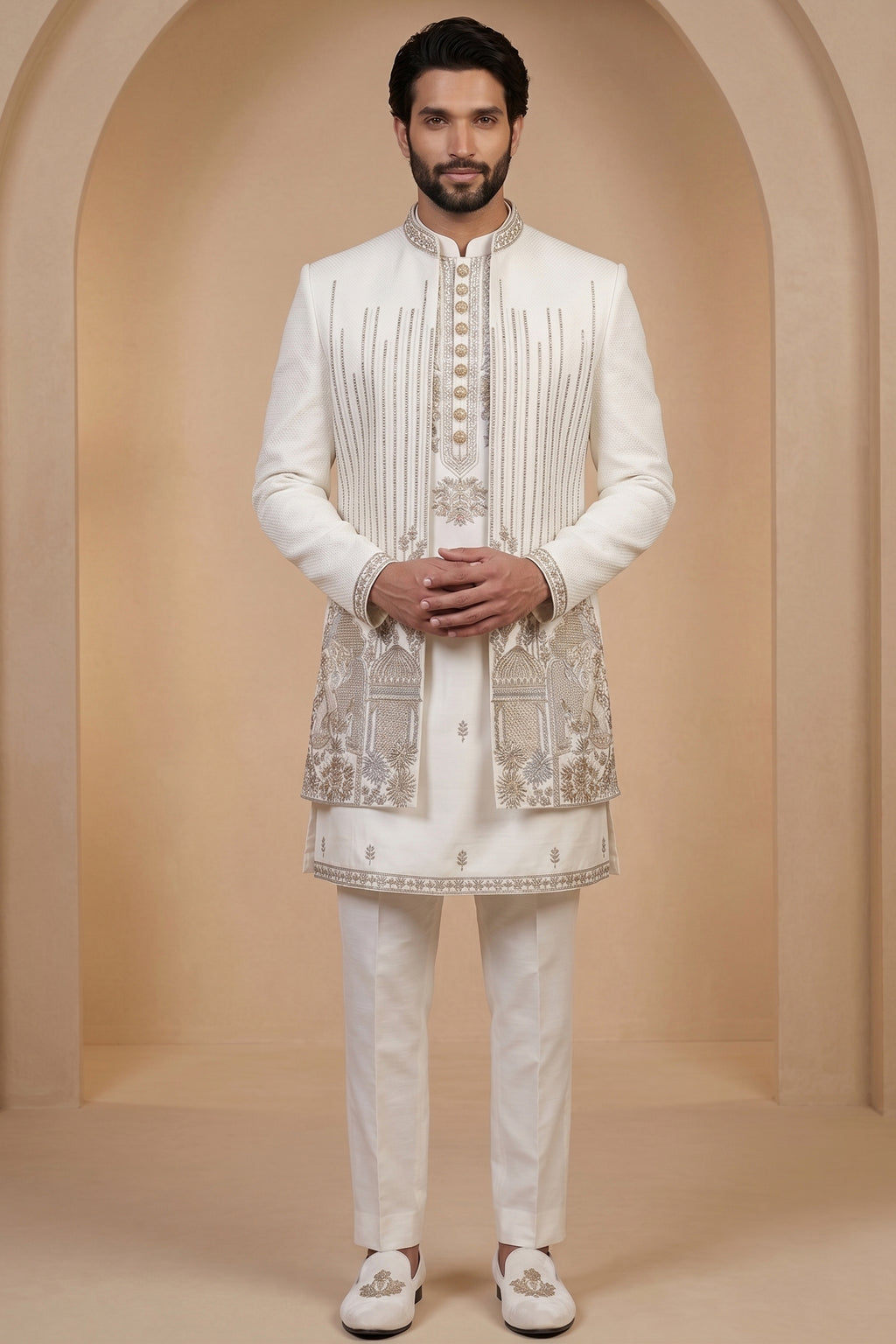 Pearl White Satin Zardosi and Bead Work Kurta Jacket Set