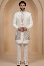Pearl White Satin Zardosi and Bead Work Kurta Jacket Set
