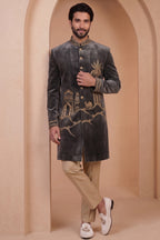 Grey Velvet Zardosi Worked Indo Western Set
