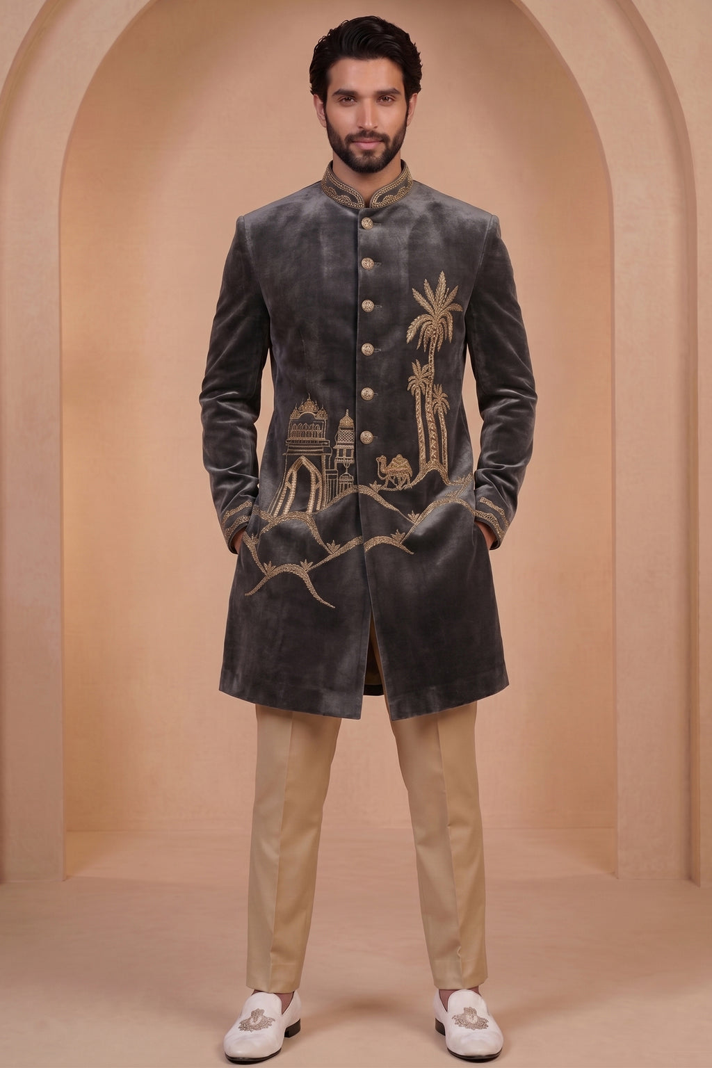 Grey Velvet Zardosi Worked Indo Western Set