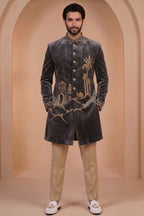 Grey Velvet Zardosi Worked Indo Western Set