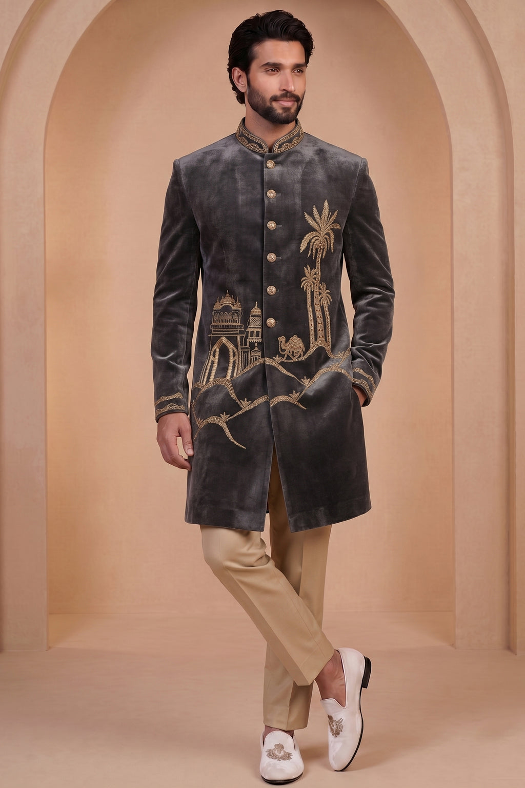 Grey Velvet Zardosi Worked Indo Western Set
