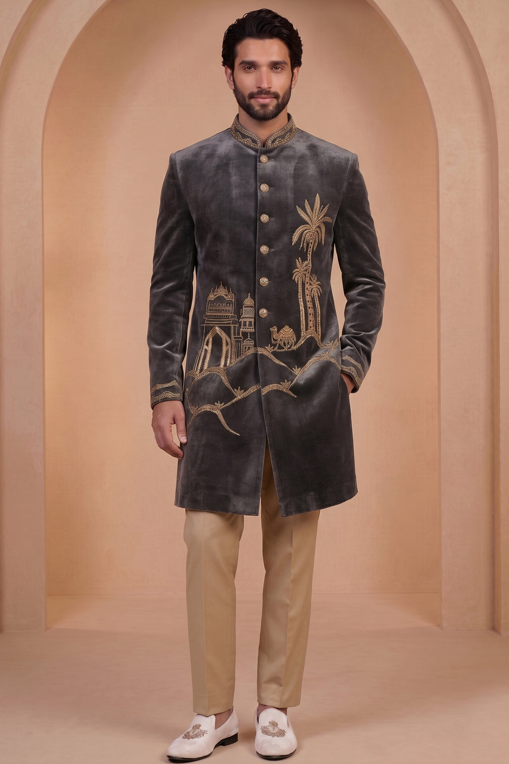 Grey Velvet Zardosi Worked Indo Western Set