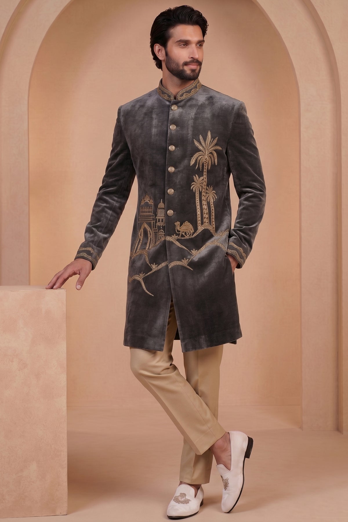 Grey Velvet Zardosi Worked Indo Western Set