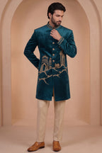 Teal Blue Velvet Zardosi Worked Indo Western Set