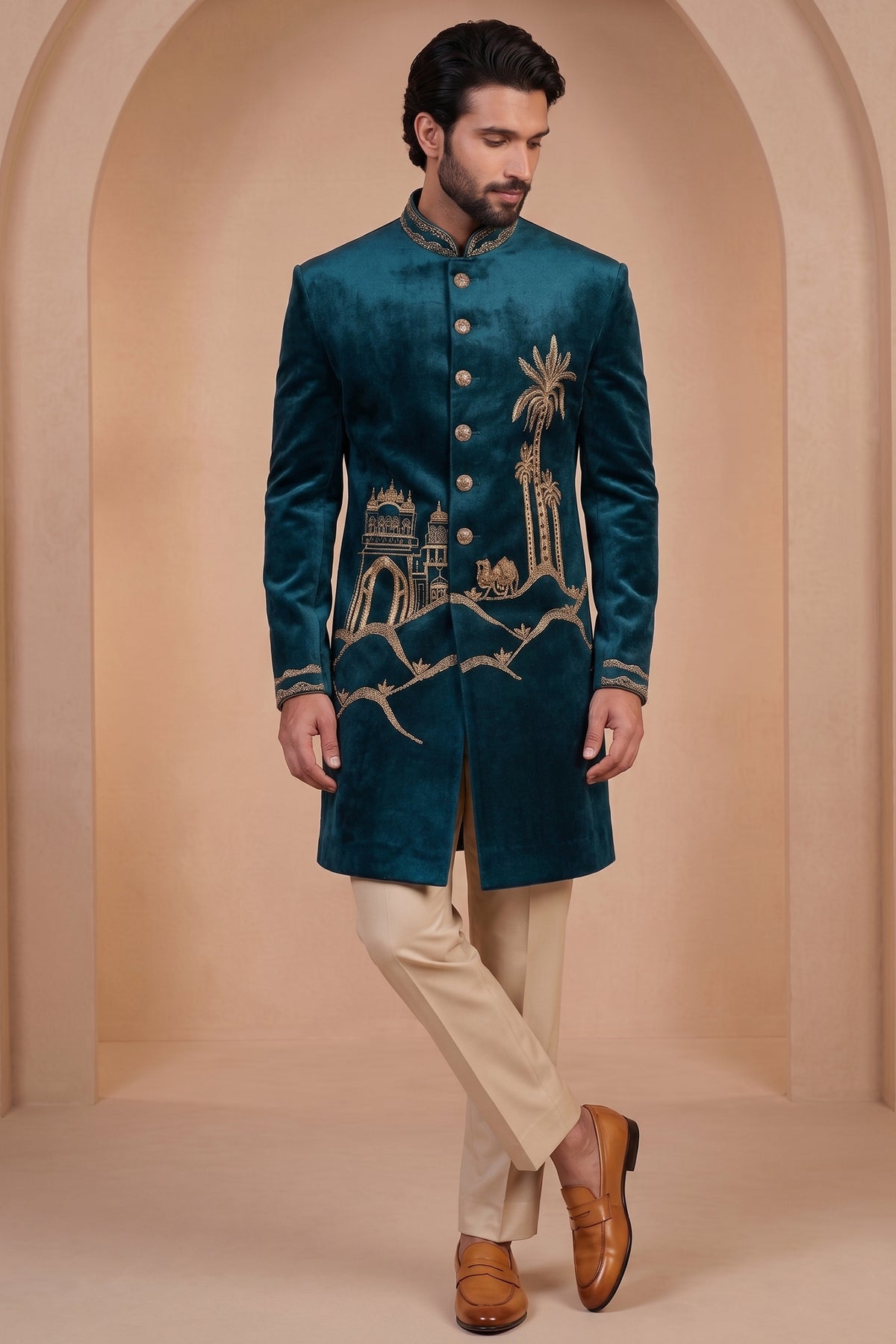 Teal Blue Velvet Zardosi Worked Indo Western Set