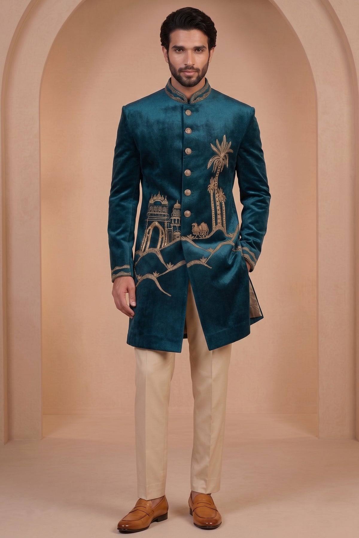 Teal Blue Velvet Zardosi Worked Indo Western Set