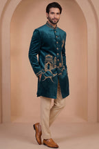 Teal Blue Velvet Zardosi Worked Indo Western Set