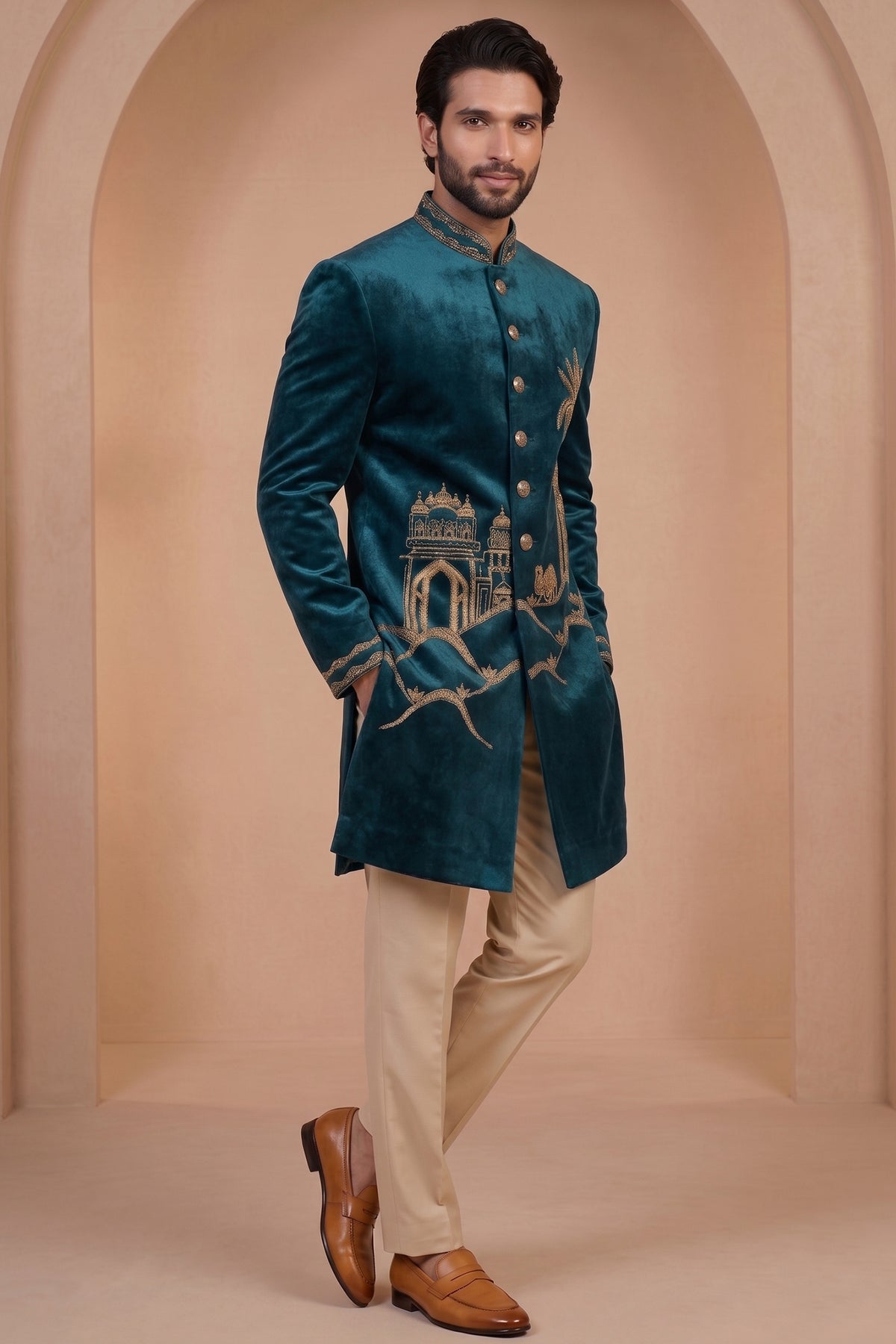 Teal Blue Velvet Zardosi Worked Indo Western Set