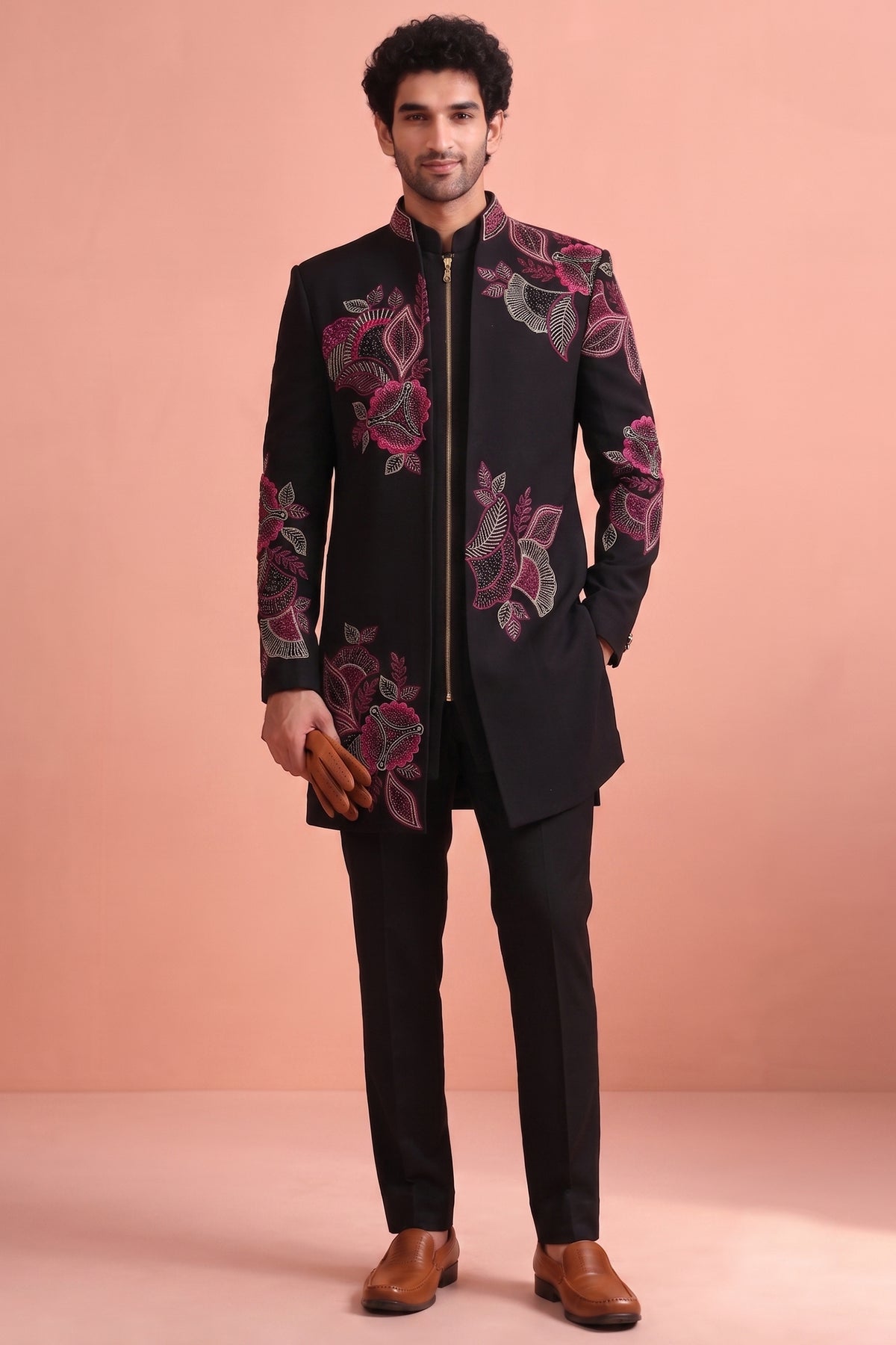 Black Silk Embroidered Jacket Indo Western Set Main image