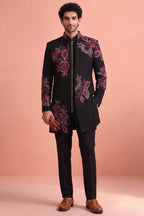 Black Silk Embroidered Jacket Indo Western Set