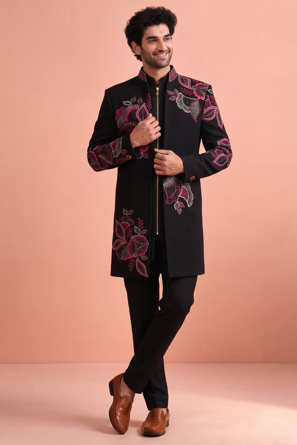 Black Silk Embroidered Jacket Indo Western Set